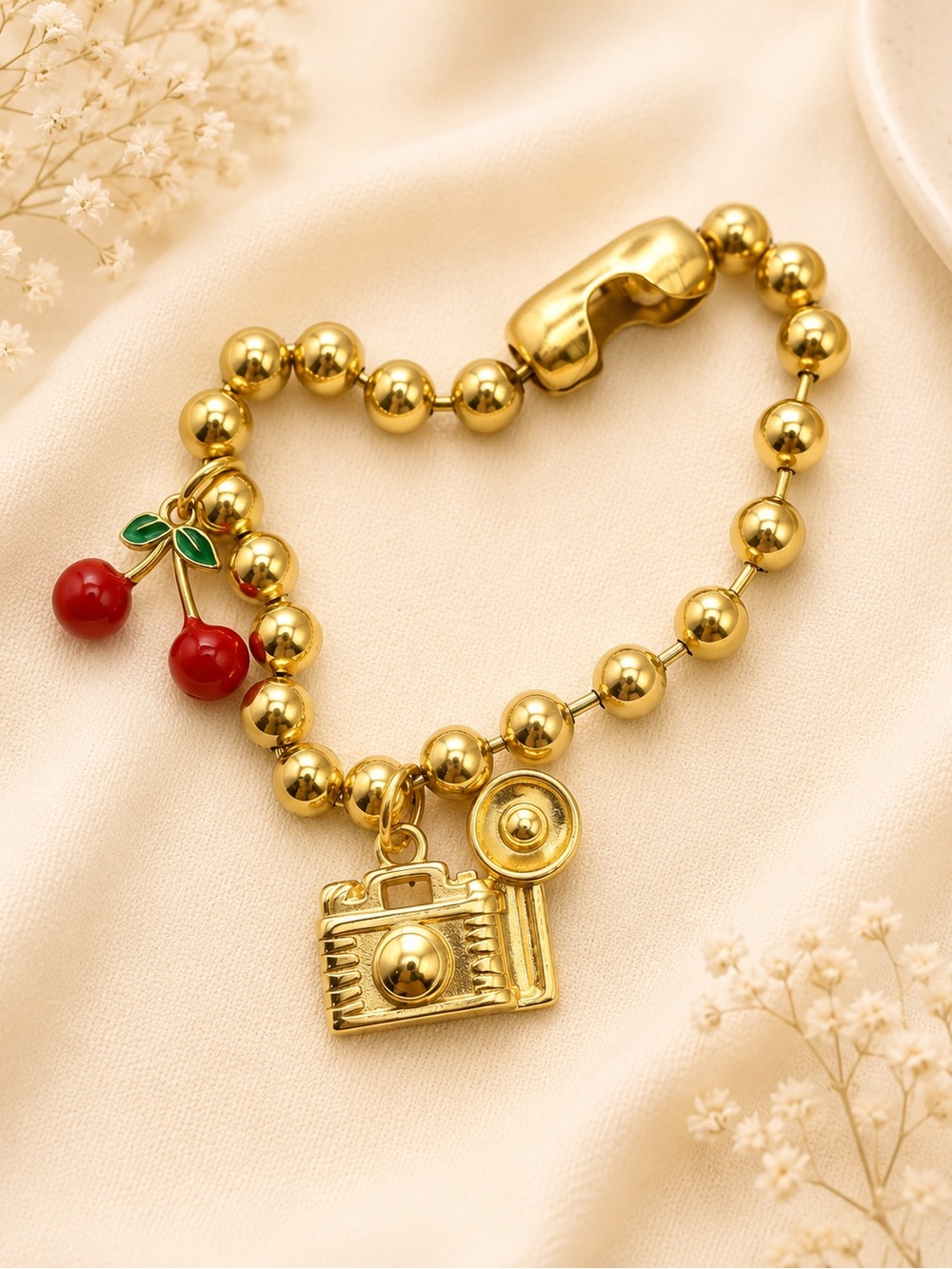Handmade steel 18k Gold Beaded Necklace with Camera Charm